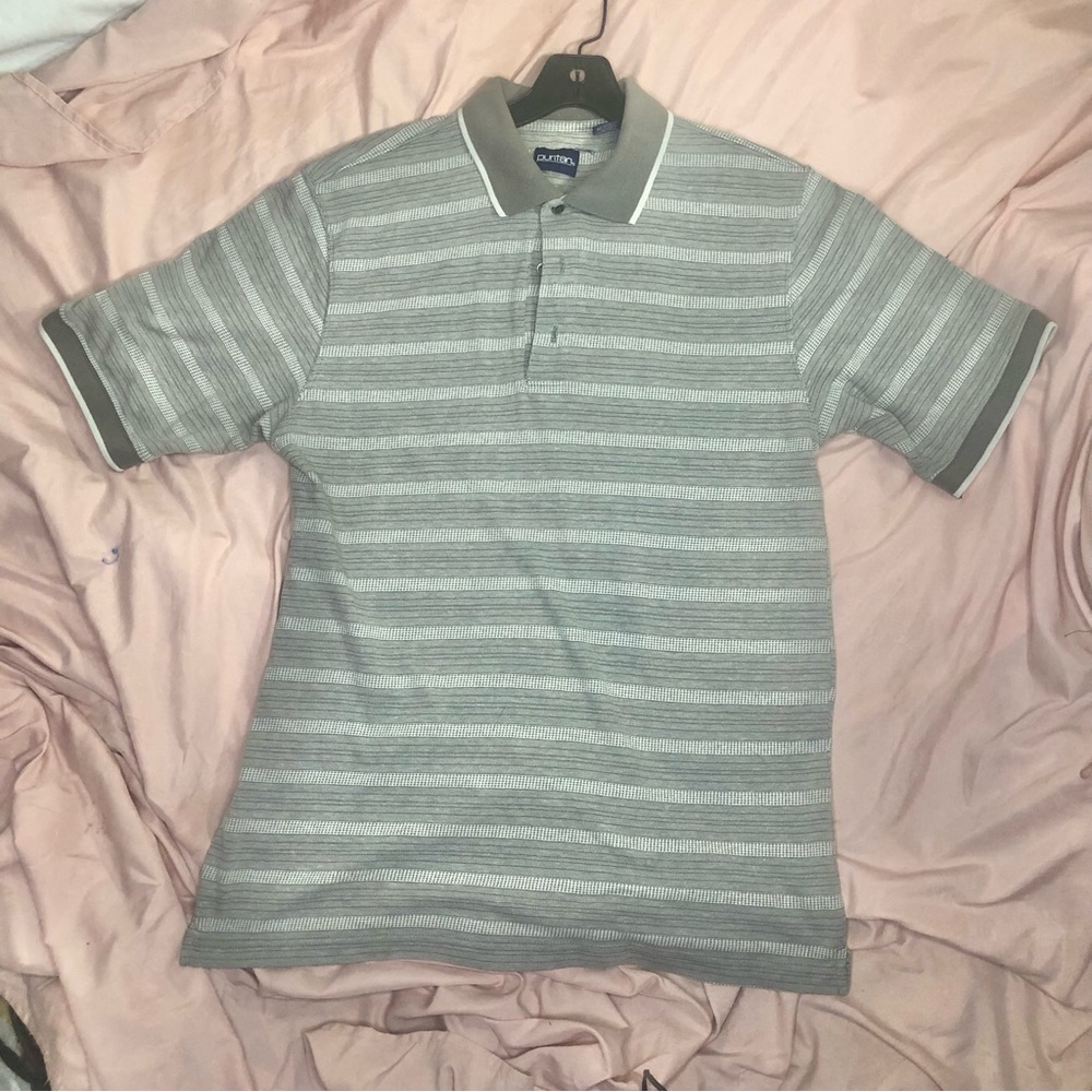 Gray Stripe Polo Shirt - Men's Casual Short Sleeve Size Medium